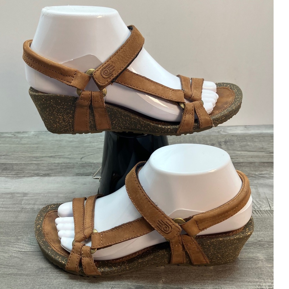 Teva Mush Mandalyn Brown Leather Strappy Cork Wedge Sandals Womens 7 4220